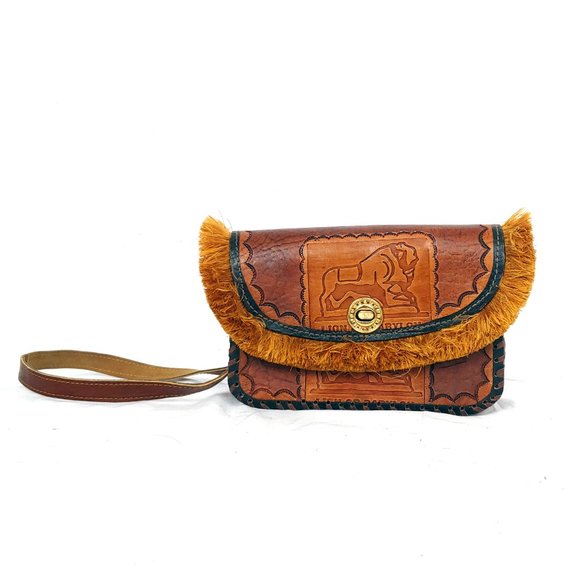 Hand tooled leather brown crossbody bag w/ fringe - Picture 2 of 7